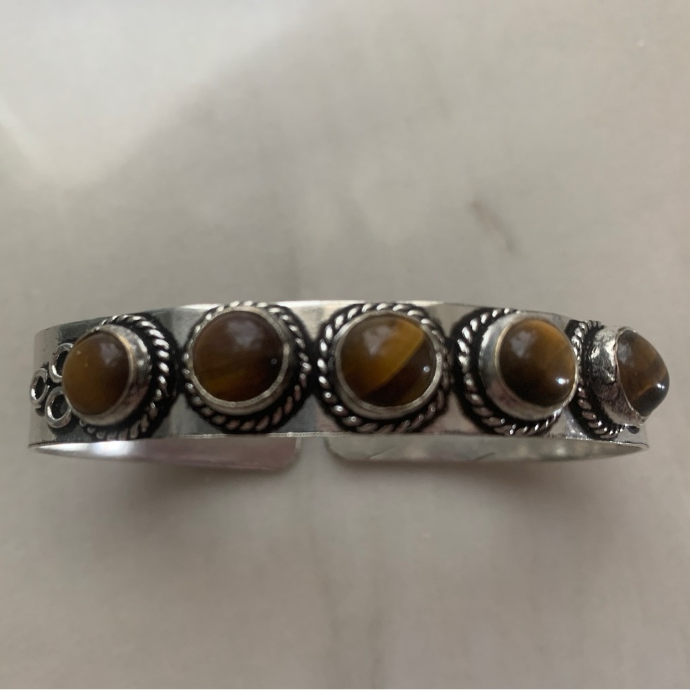 1946 Silver Cuff Bracelet with Tiger Eye Stone Accents